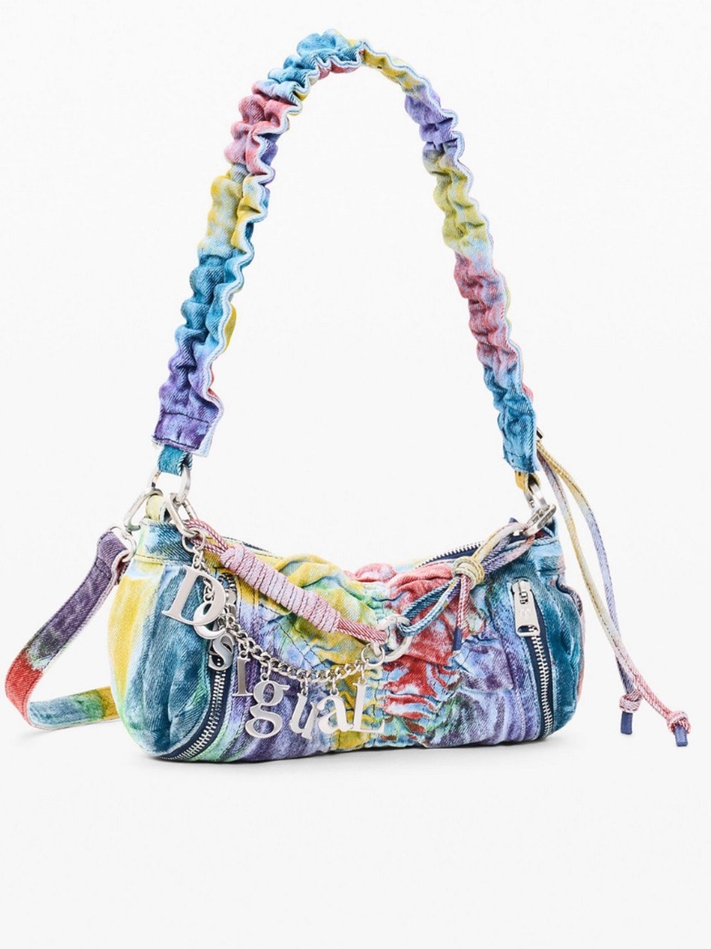 Desigual Rainbow Tie-Dye Ruched Denim Shoulder Bag
